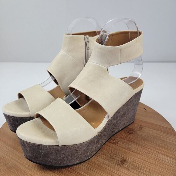 COCLICO Cream and Brown Wedges with Wide Strap Design - Picture 1 of 14